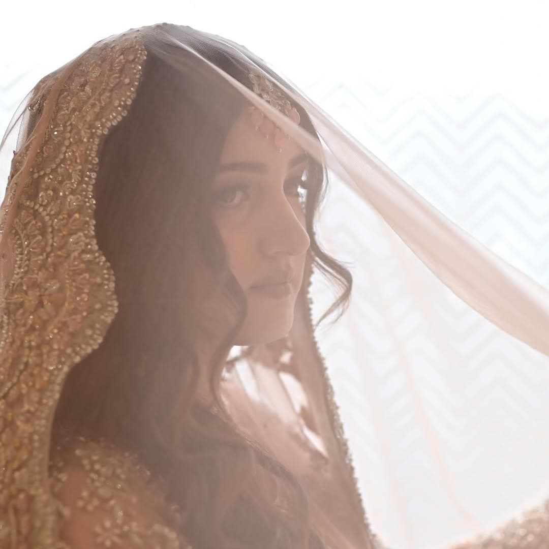 Bride beneath an embroidered veil — bridal makeup by Shelly Bhandari